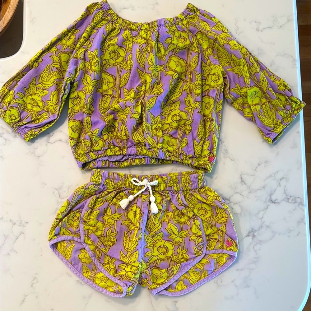 Pink Chicken Floral Print Two-Piece Set in Purple and Yellow/Green